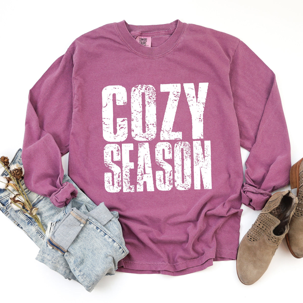 Cozy Season Block Distressed White - Women's Garment Dyed Long Sleeve Graphic T-Shirt