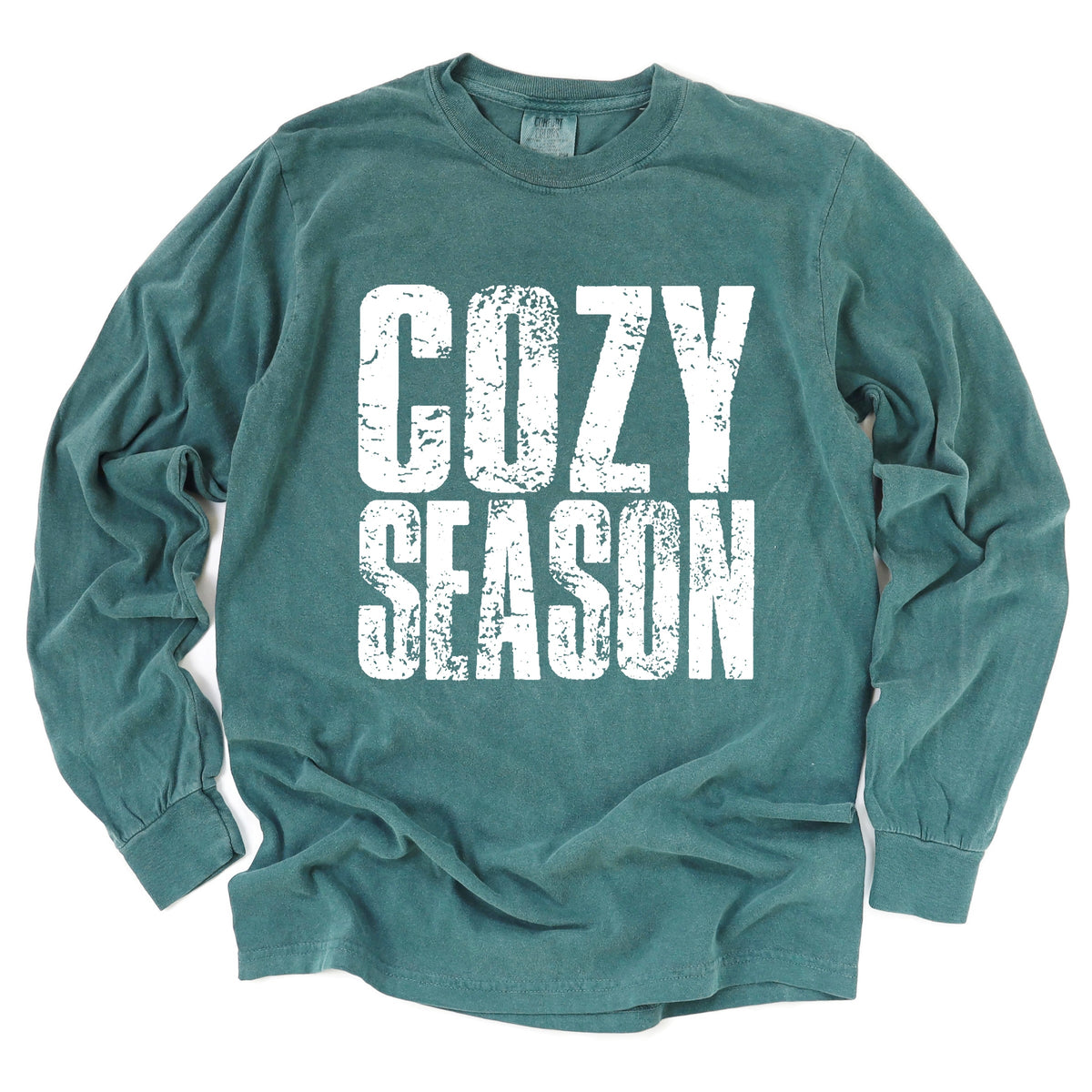 Cozy Season Block Distressed White - Women's Garment Dyed Long Sleeve Graphic T-Shirt