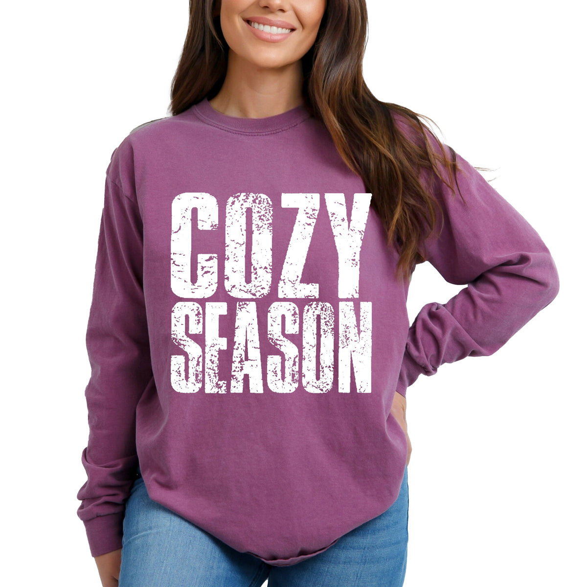 Cozy Season Block Distressed White - Women's Garment Dyed Long Sleeve Graphic T-Shirt
