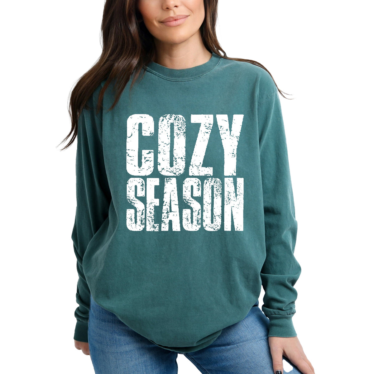 Cozy Season Block Distressed White - Women's Garment Dyed Long Sleeve Graphic T-Shirt