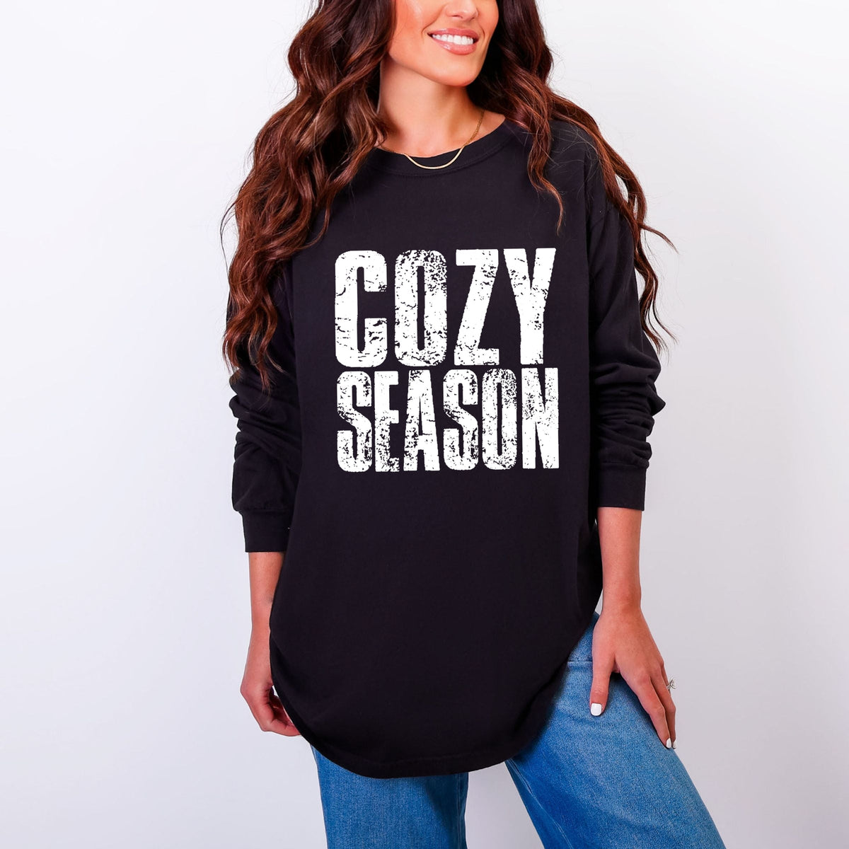 Cozy Season Block Distressed White - Women's Garment Dyed Long Sleeve Graphic T-Shirt