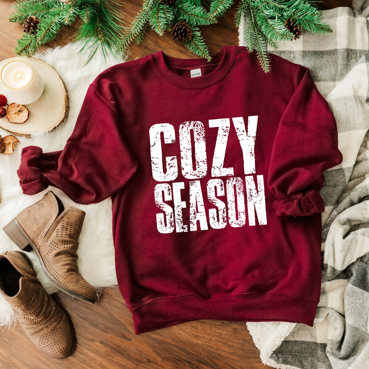 Cozy Season Block Distressed White - Women's Graphic Sweatshirt