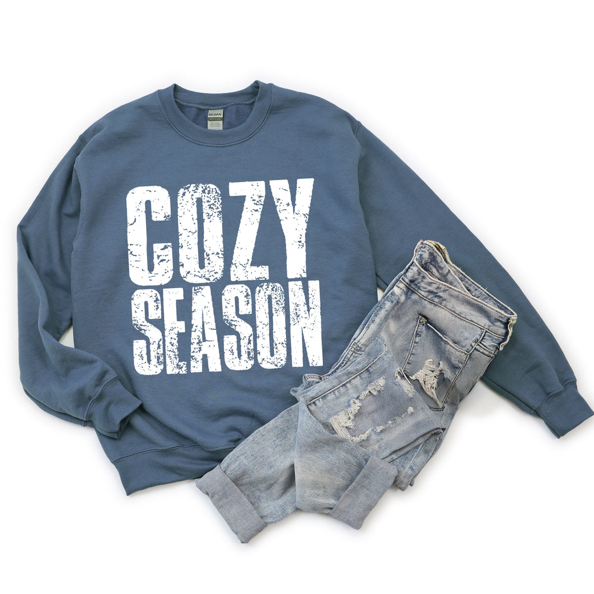 Cozy Season Block Distressed White - Women's Graphic Sweatshirt
