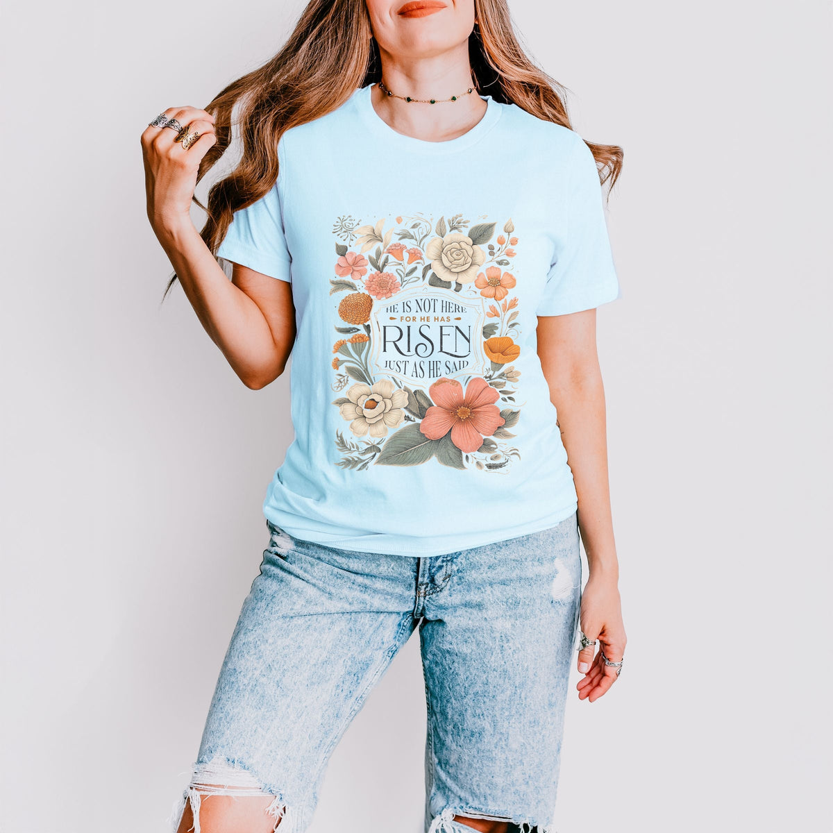 He Has Risen Distressed Floral - Women's Short Sleeve Graphic T-Shirt