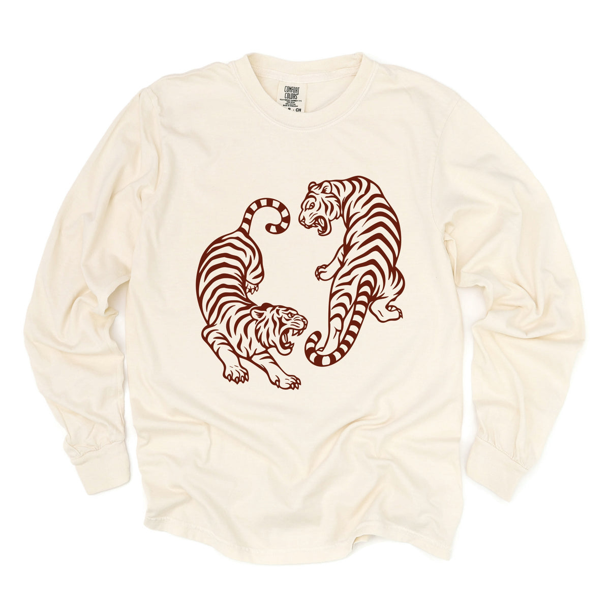 Two Tigers - Women's Garment Dyed Long Sleeve Graphic T-Shirt