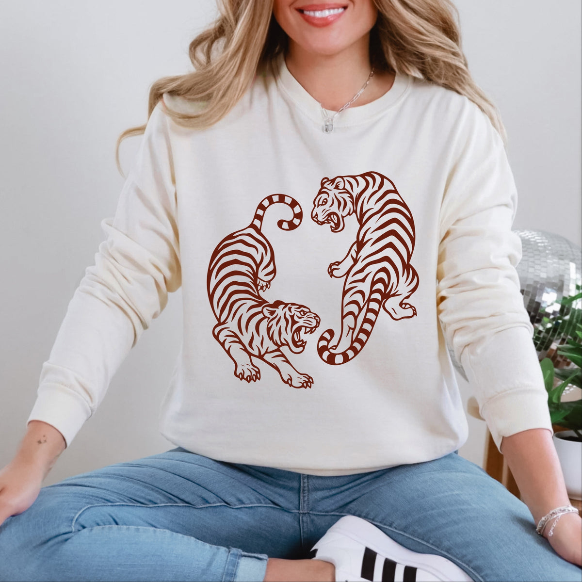 Two Tigers - Women's Garment Dyed Long Sleeve Graphic T-Shirt