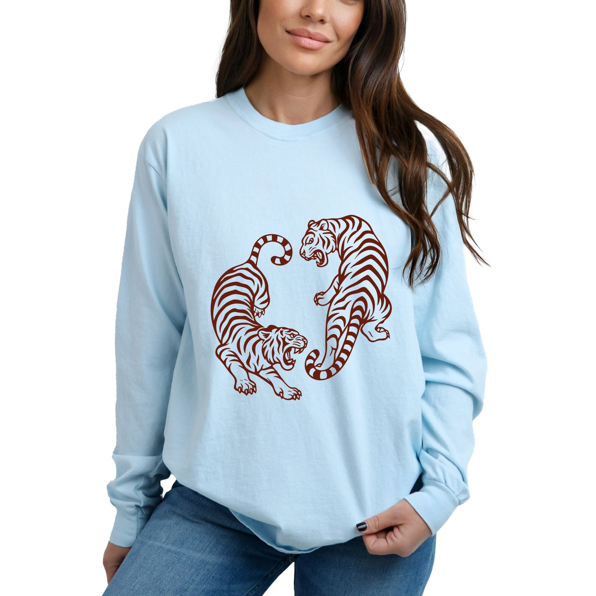 Two Tigers - Women's Garment Dyed Long Sleeve Graphic T-Shirt