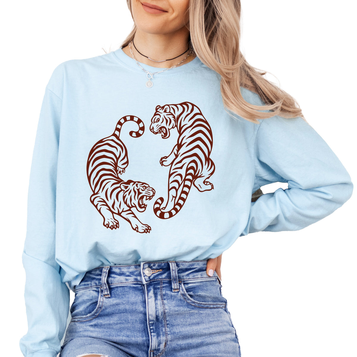 Two Tigers - Women's Garment Dyed Long Sleeve Graphic T-Shirt