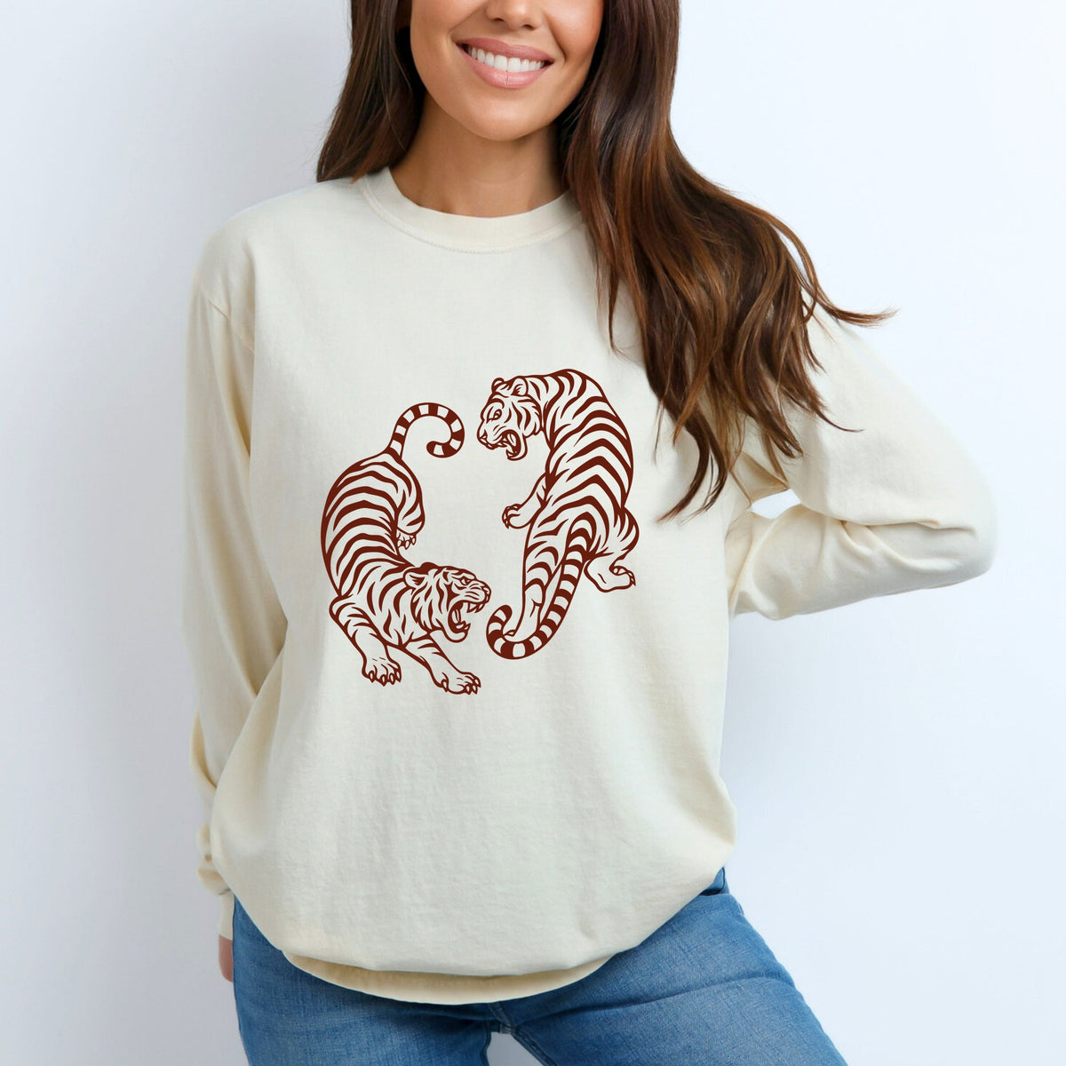 Two Tigers - Women's Garment Dyed Long Sleeve Graphic T-Shirt