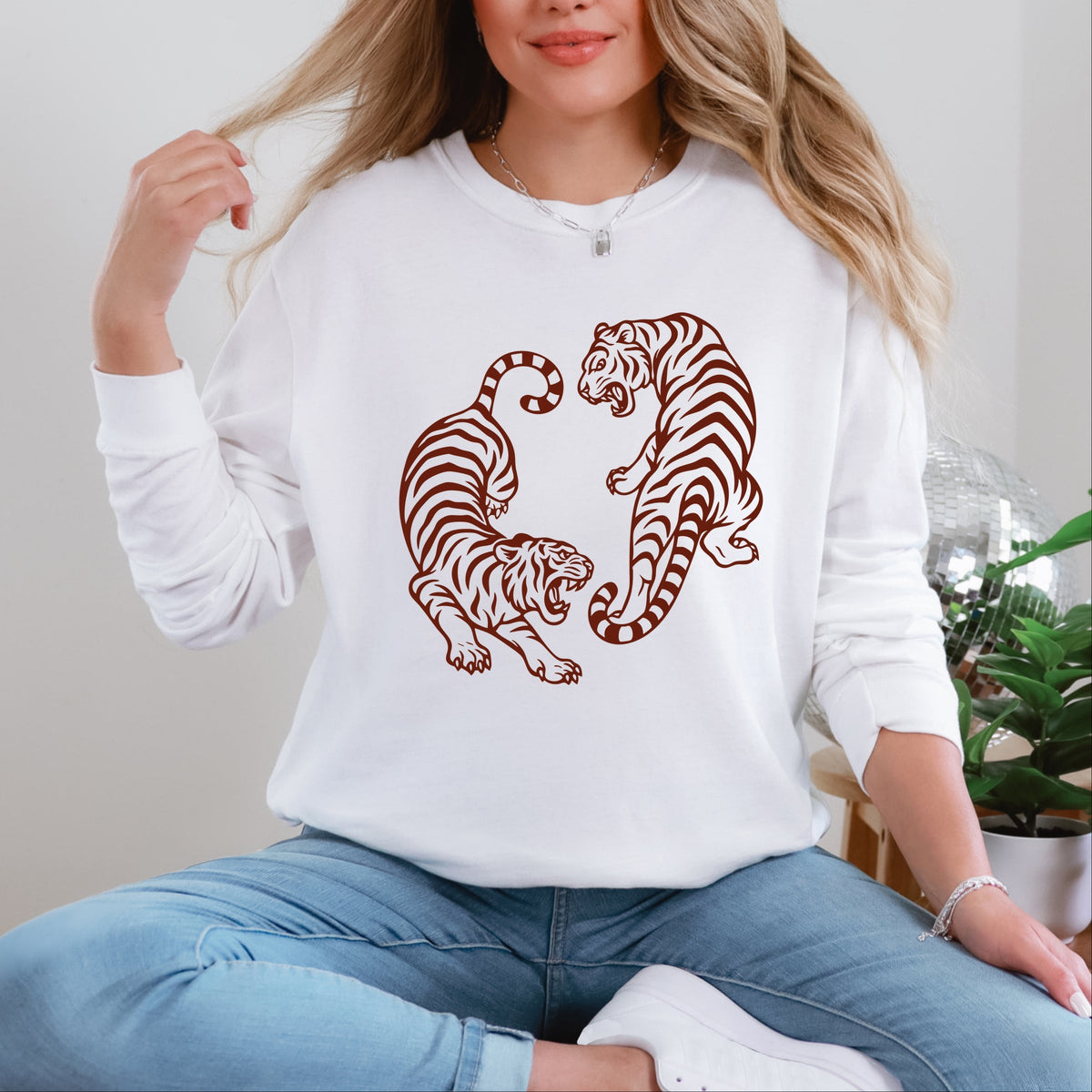 Two Tigers - Women's Garment Dyed Long Sleeve Graphic T-Shirt