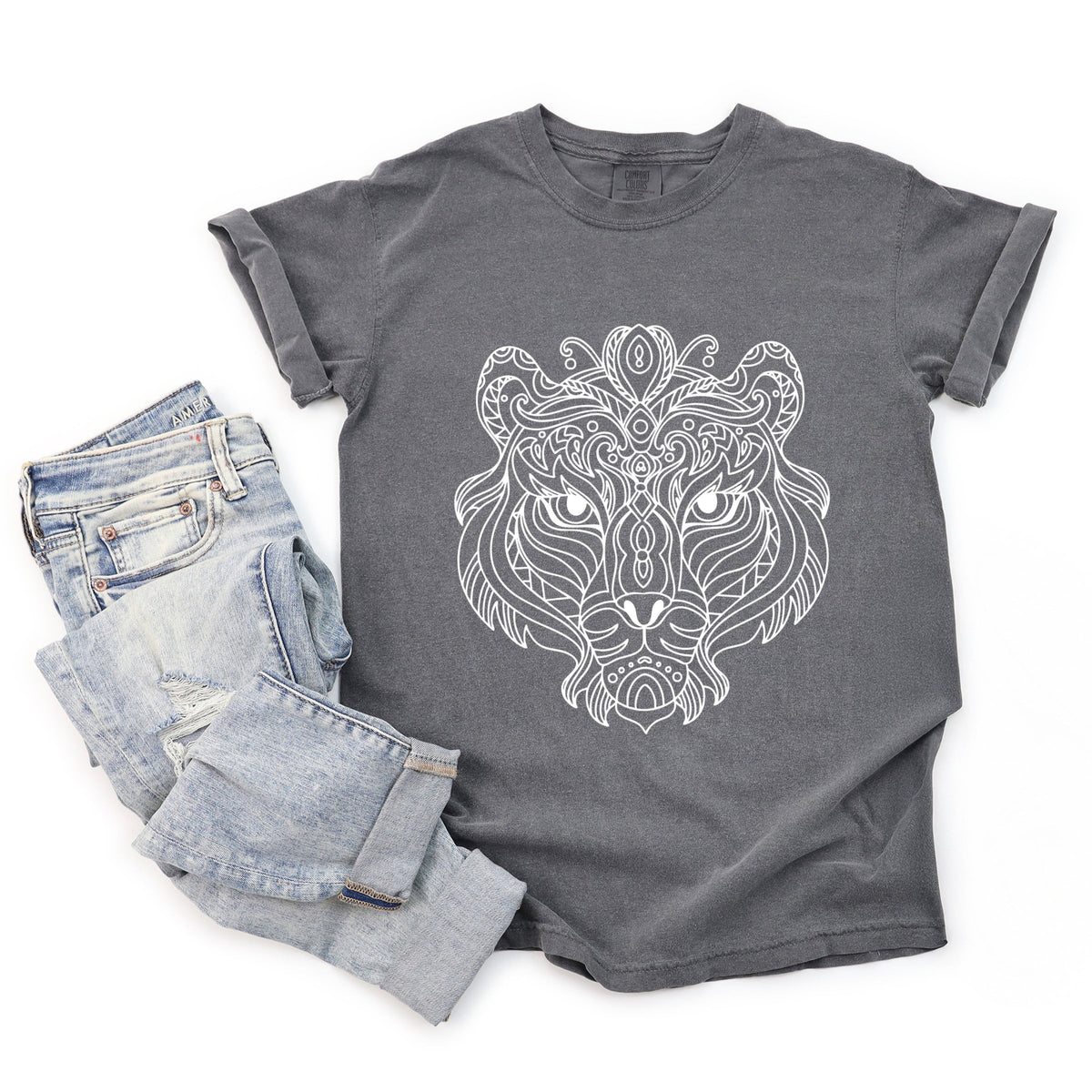 Tiger Face Mandala - Women's Garment Dyed Graphic T-Shirt