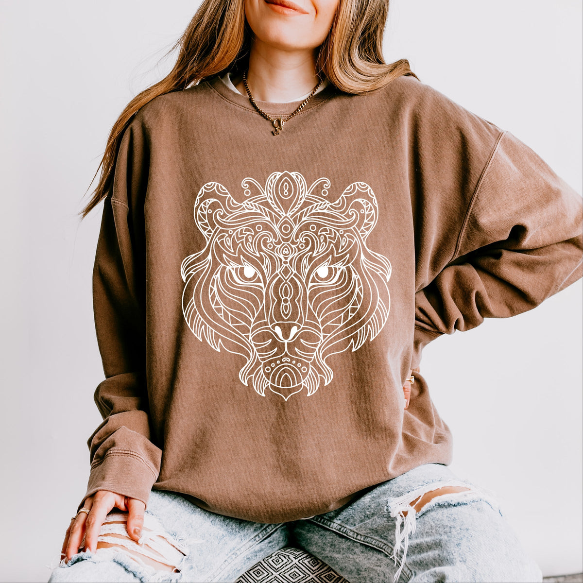 Tiger Face Mandala - Women's Lightweight Garment Dyed Sweatshirt