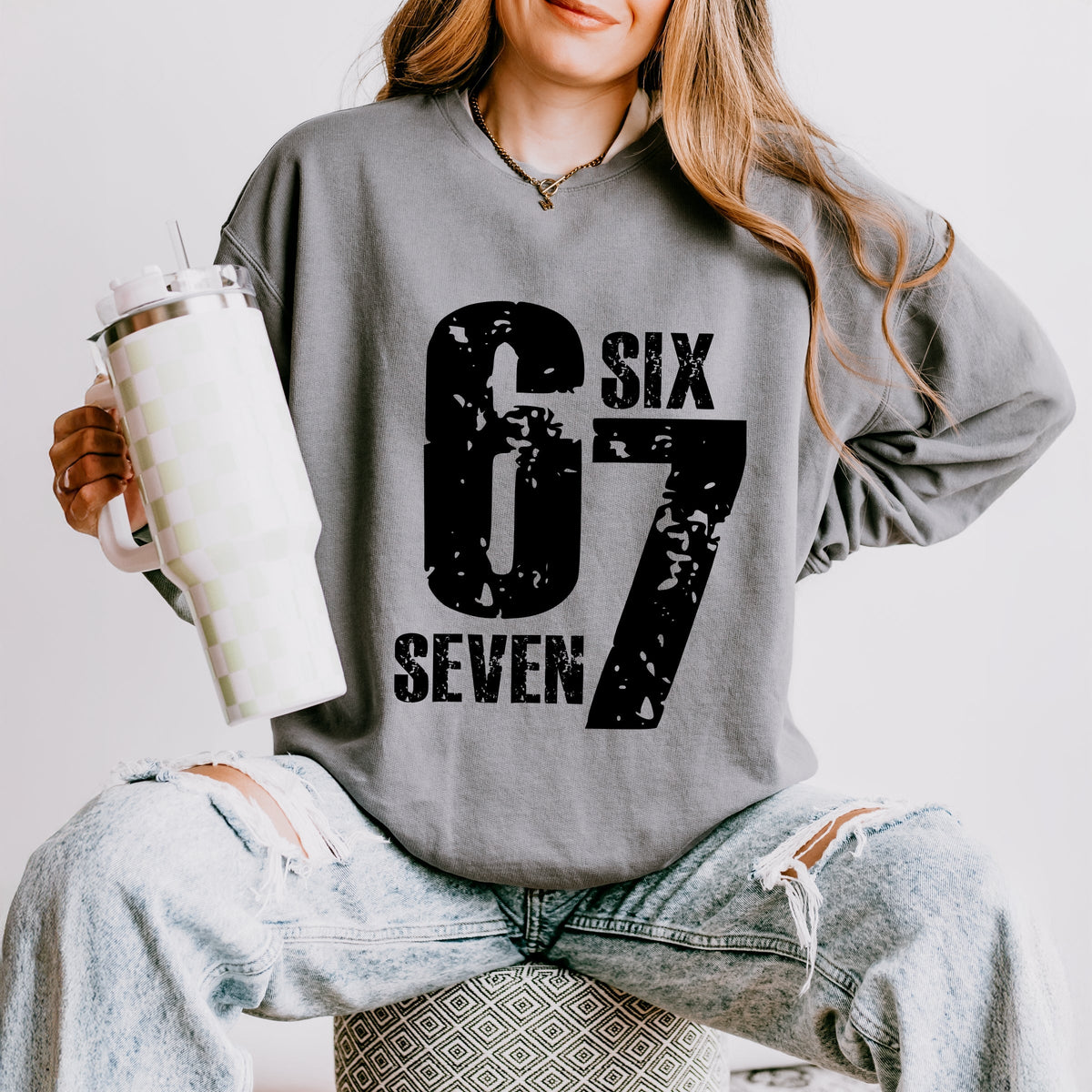Six Seven Distressed - Women's Lightweight Garment Dyed Sweatshirt