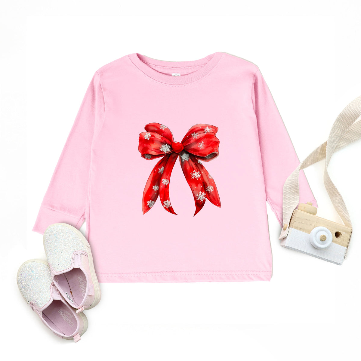 Coquette Christmas Snowflake Bow - Toddler Long Sleeve Graphic Tee