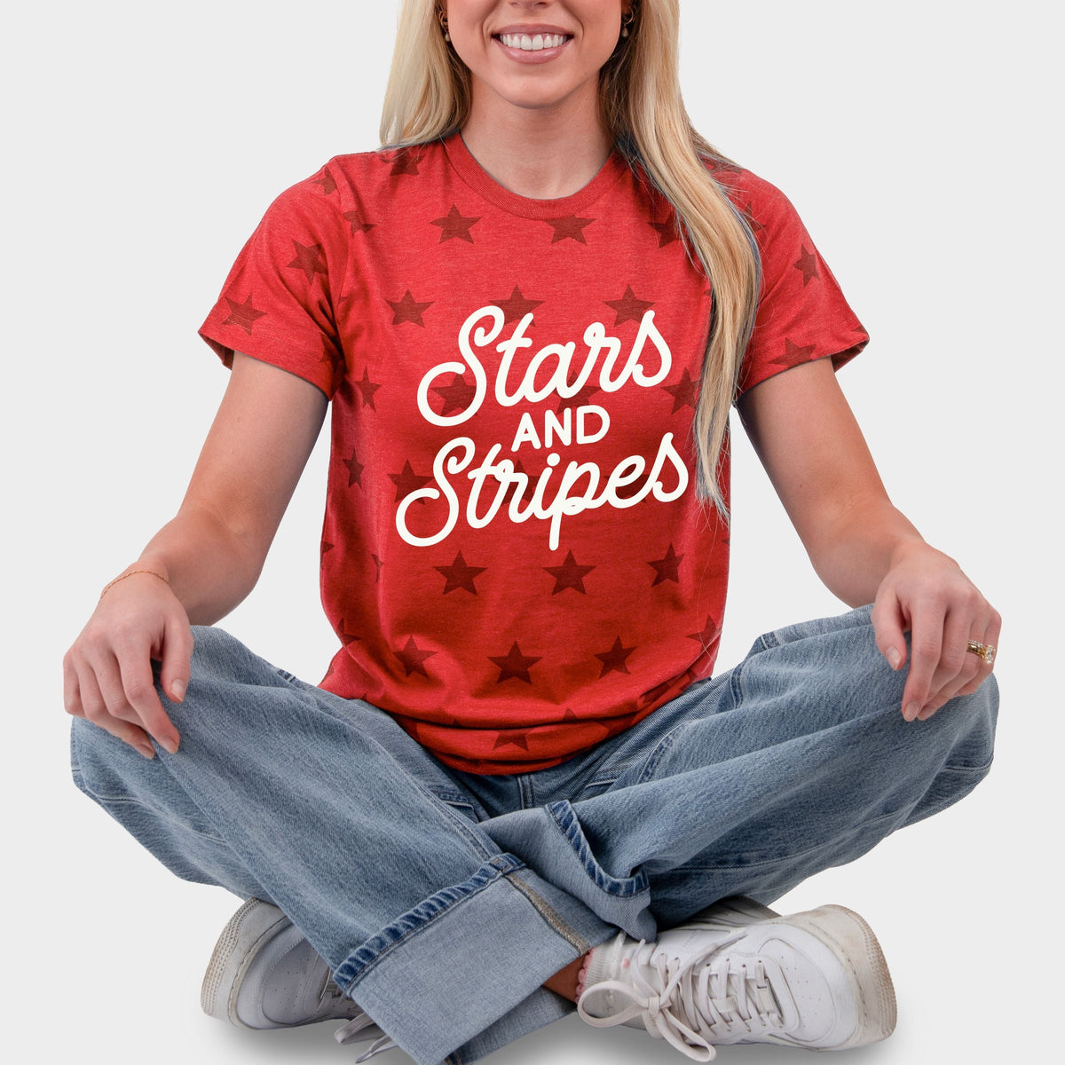 Stars and Stripes Slanted Cursive Puff Print - Women's Short Sleeve Star Tee