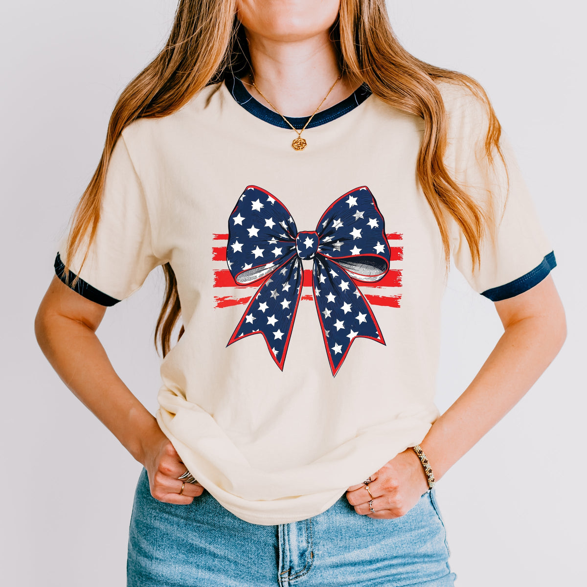 Coquette Patriotic Bow - Women's Ringer Graphic T-Shirt