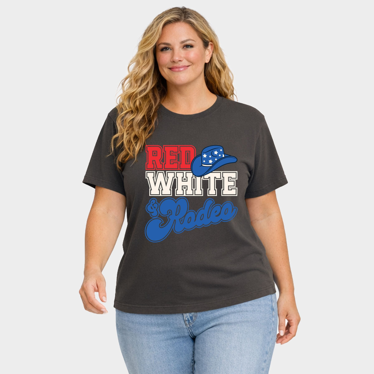 Red White And Rodeo - Women's Plus Sized Garment Dyed Graphic T-Shirt