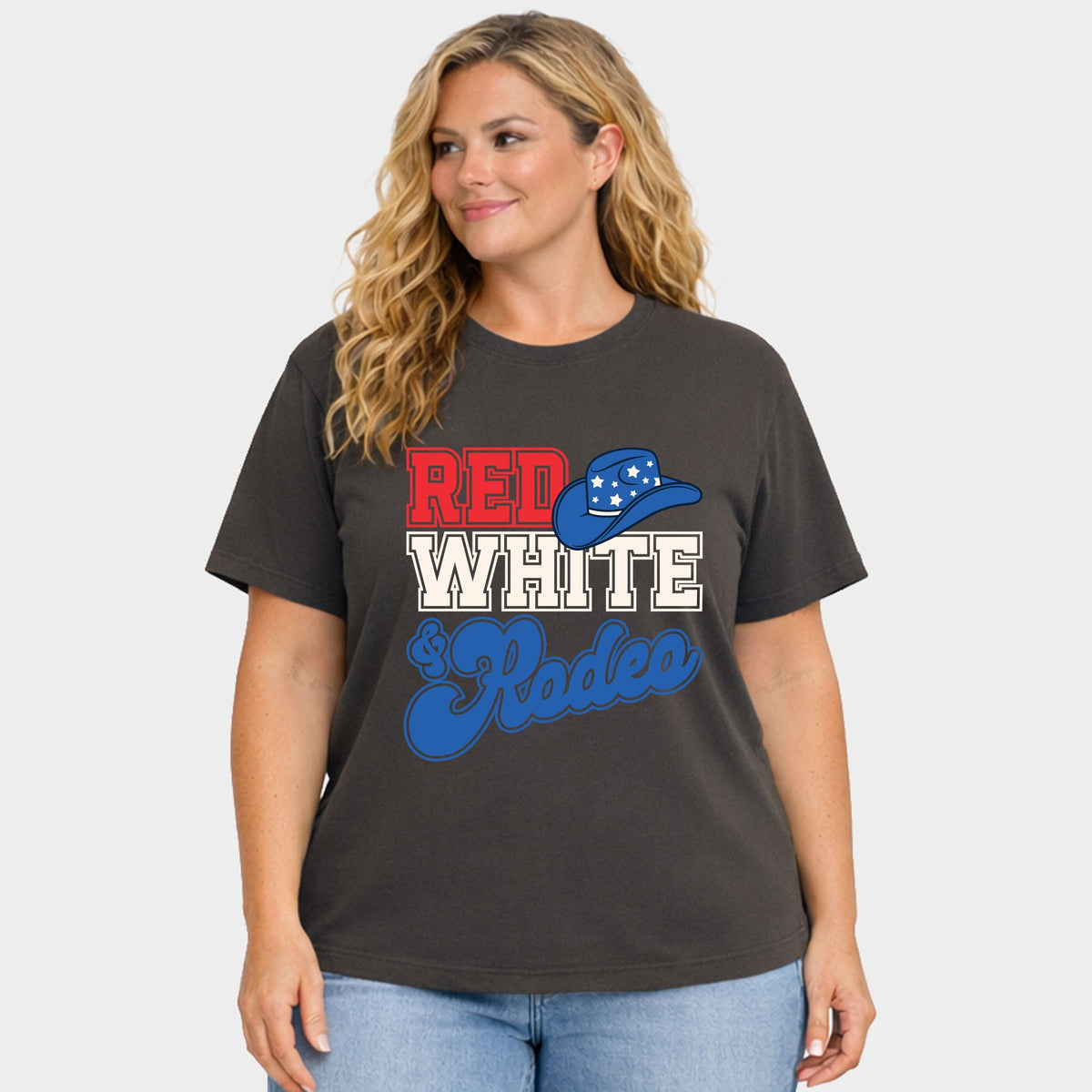 Red White And Rodeo - Women's Plus Sized Garment Dyed Graphic T-Shirt