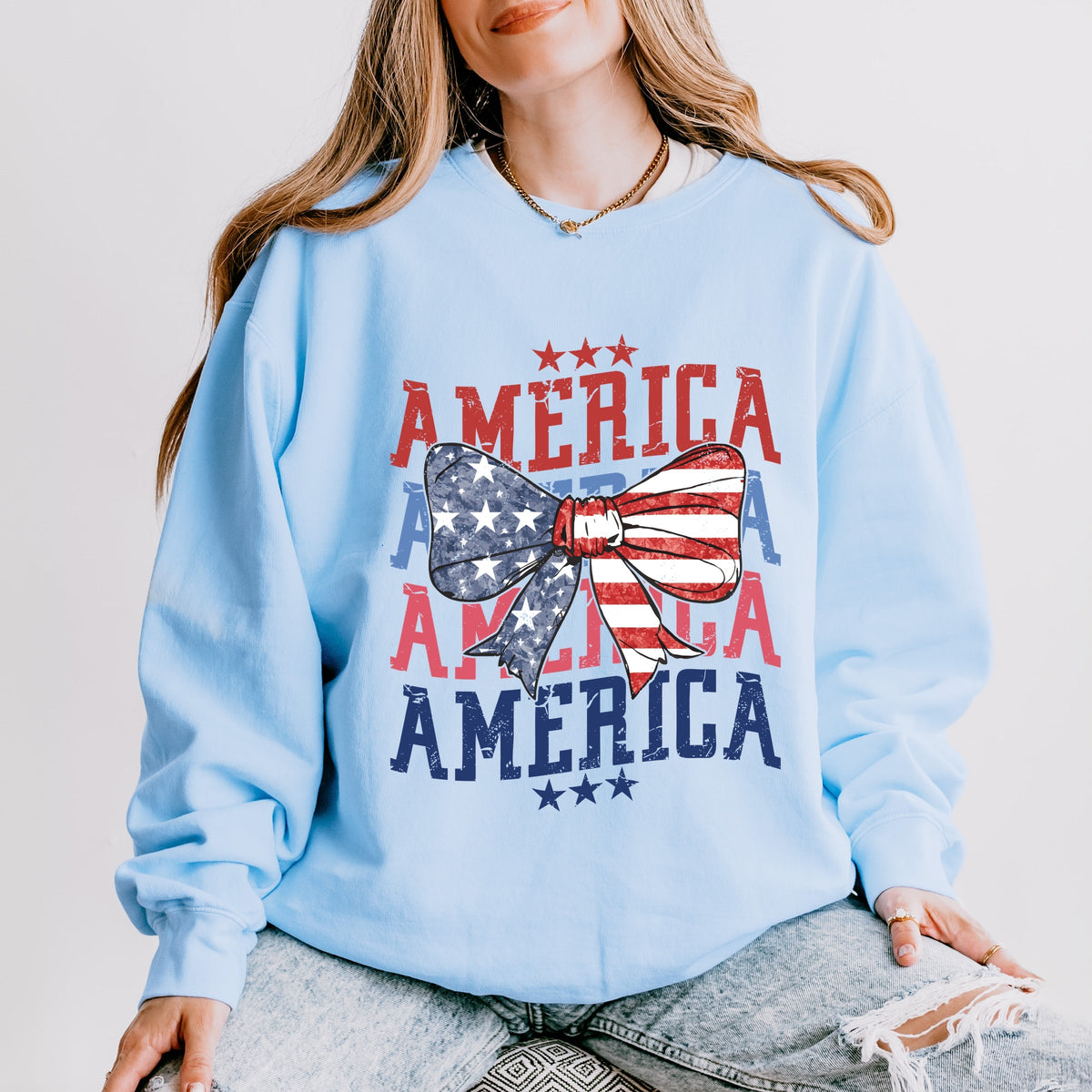 America Wave Stacked Coquette - Women's Lightweight Garment Dyed Sweatshirt