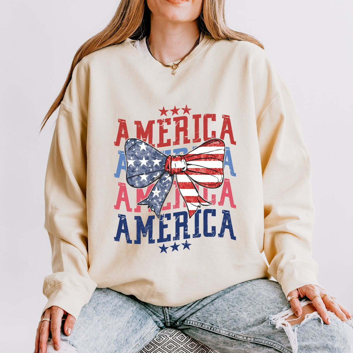 America Wave Stacked Coquette - Women's Lightweight Garment Dyed Sweatshirt