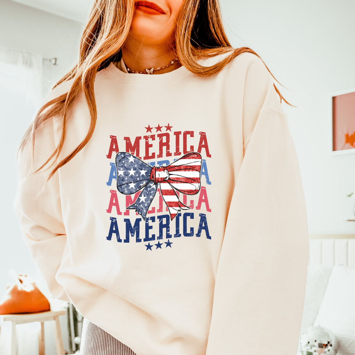 America Wave Stacked Coquette - Women's Lightweight Garment Dyed Sweatshirt