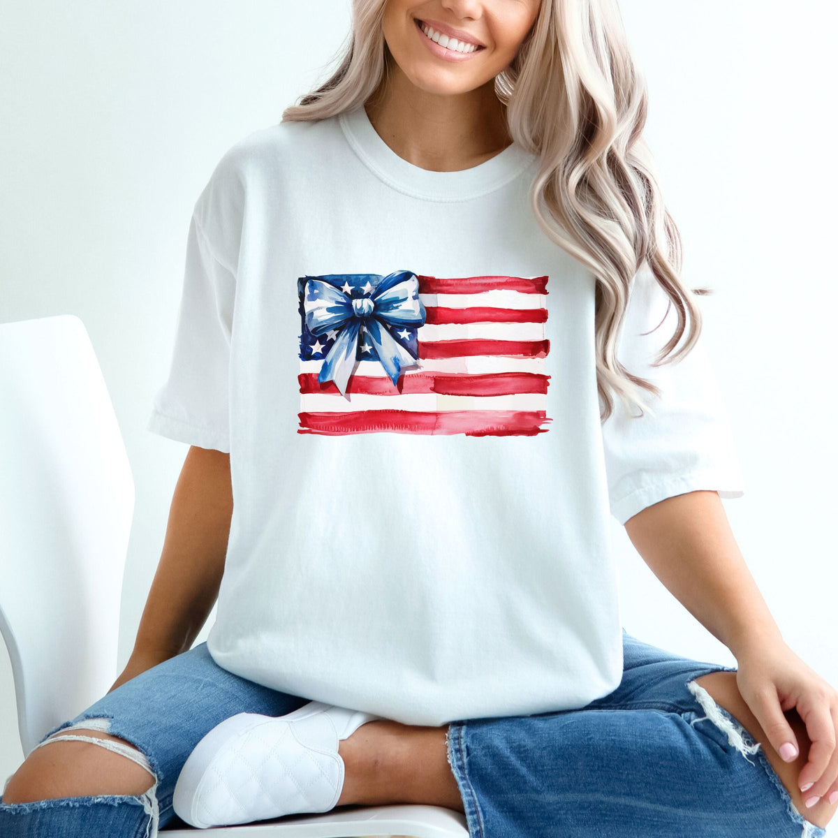 USA Flag Coquette - Women's Garment Dyed Graphic T-Shirt