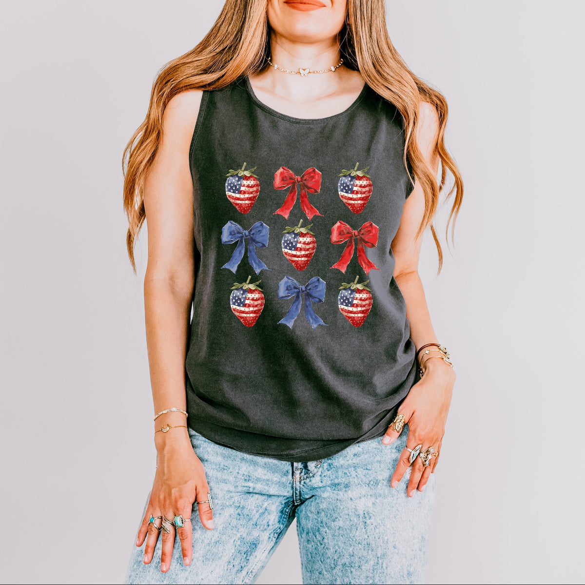 Coquette Bows And USA Strawberries - Women's Garment Dyed Graphic Tank Top