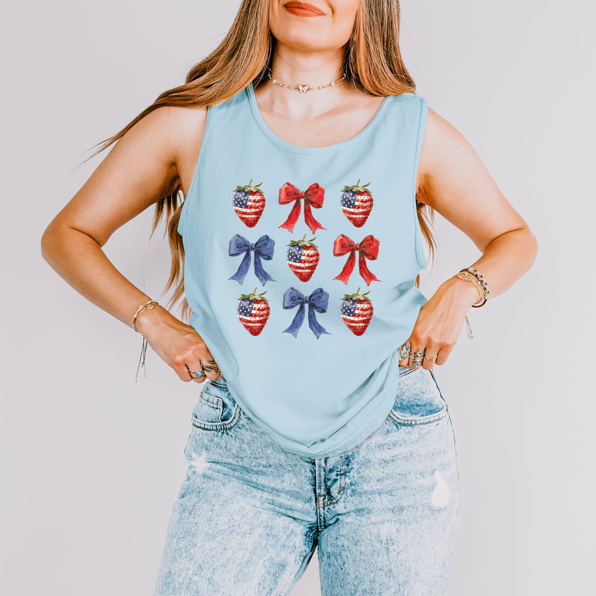 Coquette Bows And USA Strawberries - Women's Garment Dyed Graphic Tank Top