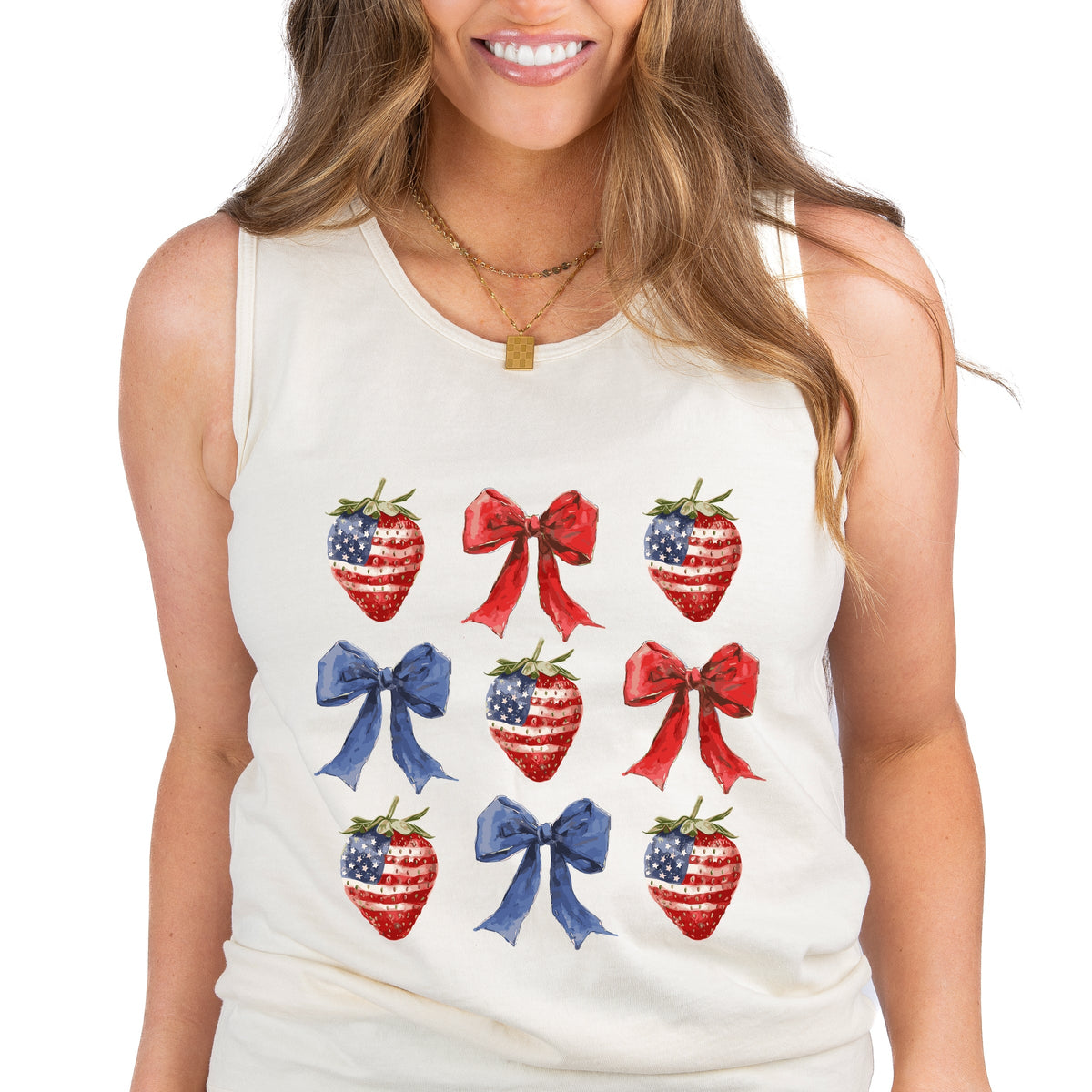 Coquette Bows And USA Strawberries - Women's Garment Dyed Graphic Tank Top