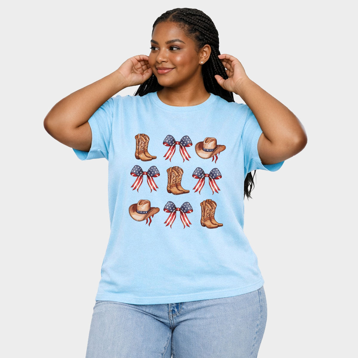 Coquette Patriotic Cowboy Boots And Hats Chart - Women's Plus Sized Garment Dyed Graphic T-Shirt