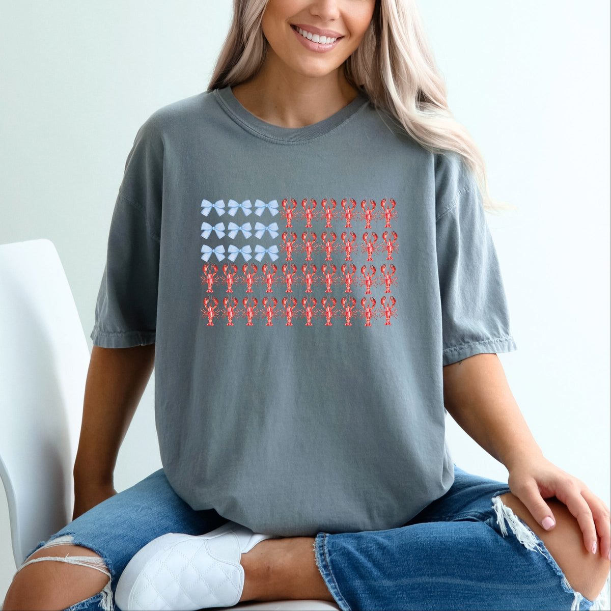 Lobster American Flag Coquette - Women's Garment Dyed Graphic T-Shirt