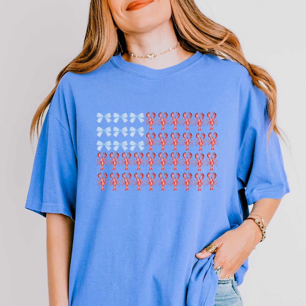 Lobster American Flag Coquette - Women's Garment Dyed Graphic T-Shirt