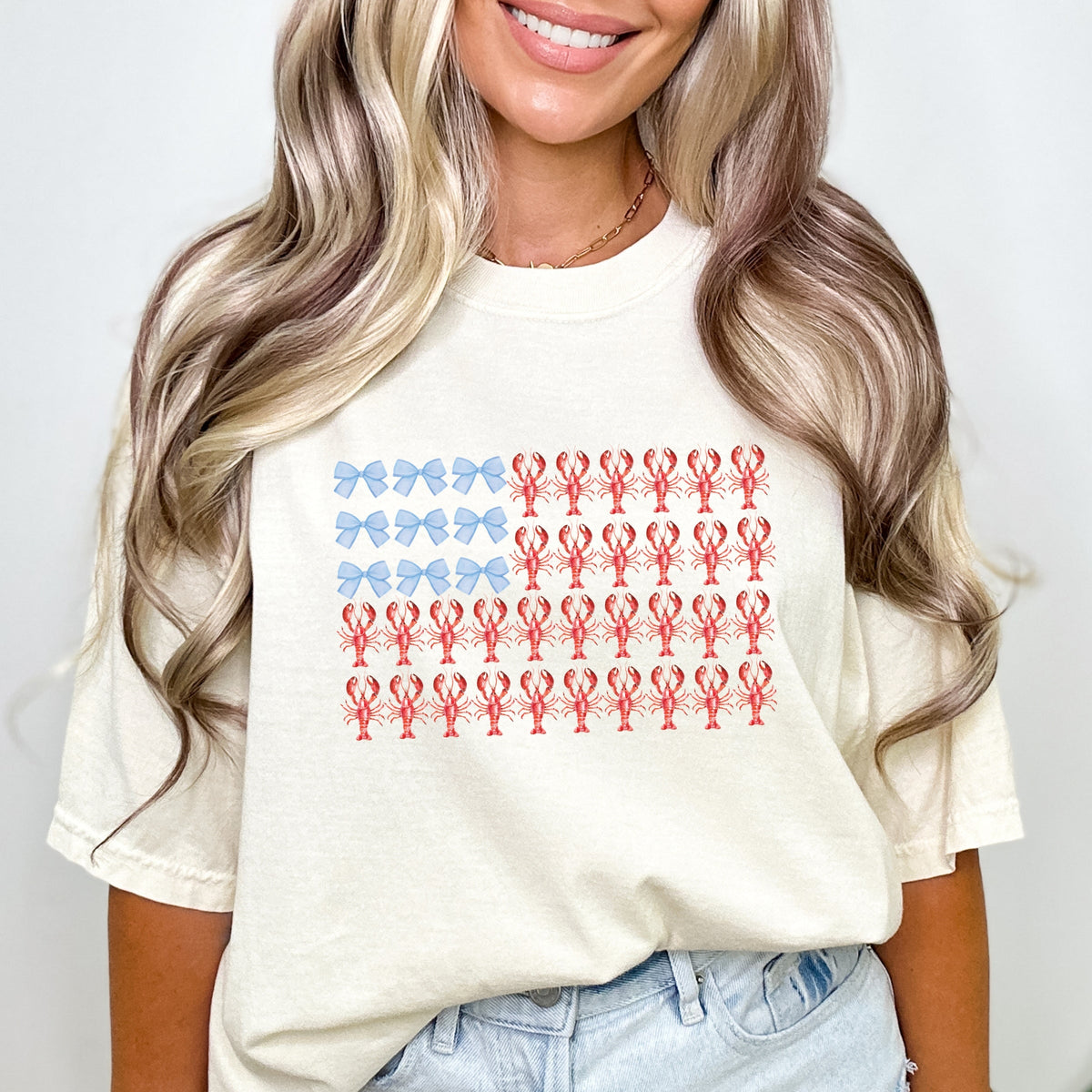 Lobster American Flag Coquette - Women's Garment Dyed Graphic T-Shirt