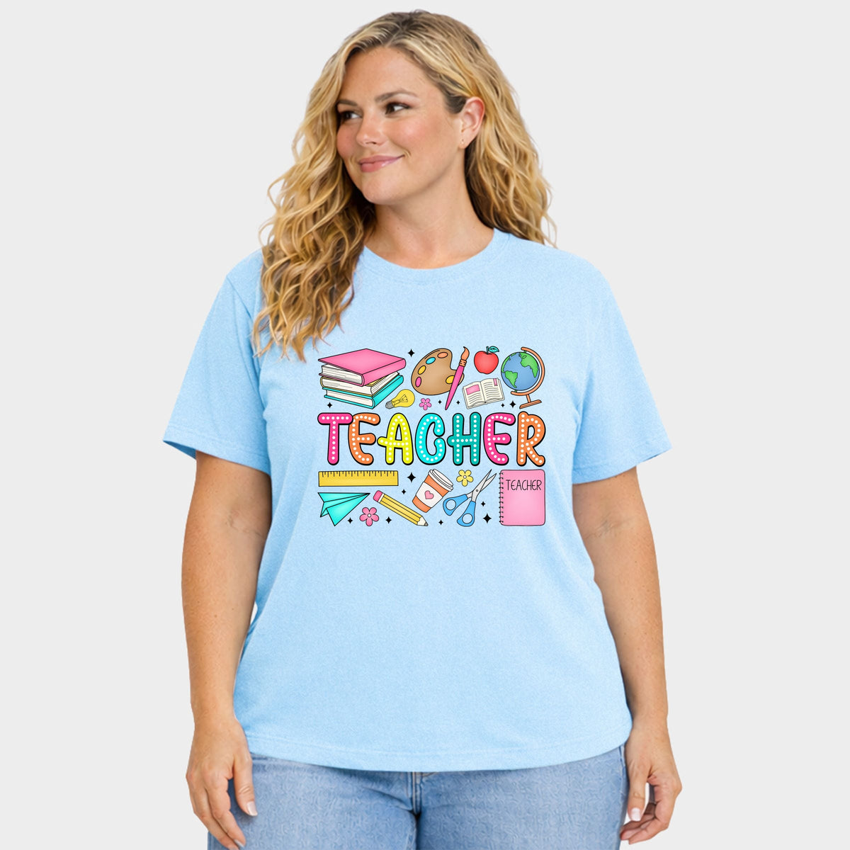 Teacher Bright Collage - Women's Plus Sized Garment Dyed Graphic T-Shirt