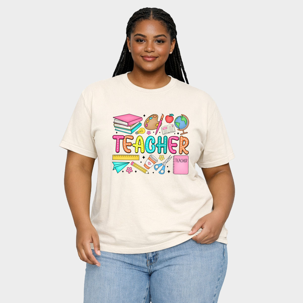 Teacher Bright Collage - Women's Plus Sized Garment Dyed Graphic T-Shirt