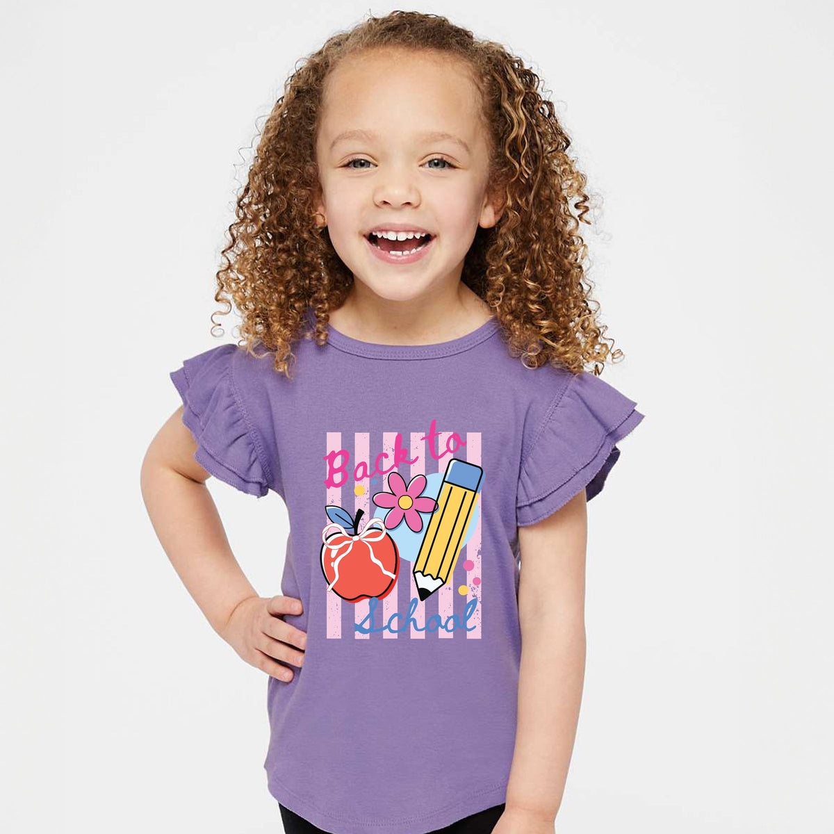 Back To School Stripes - Girl's Flutter Sleeve Graphic T-Shirt