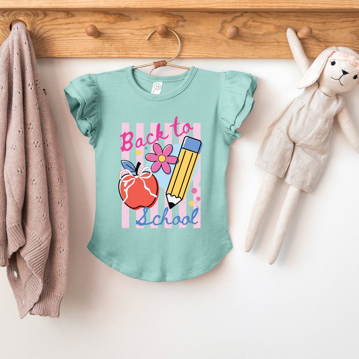 Back To School Stripes - Girl's Flutter Sleeve Graphic T-Shirt
