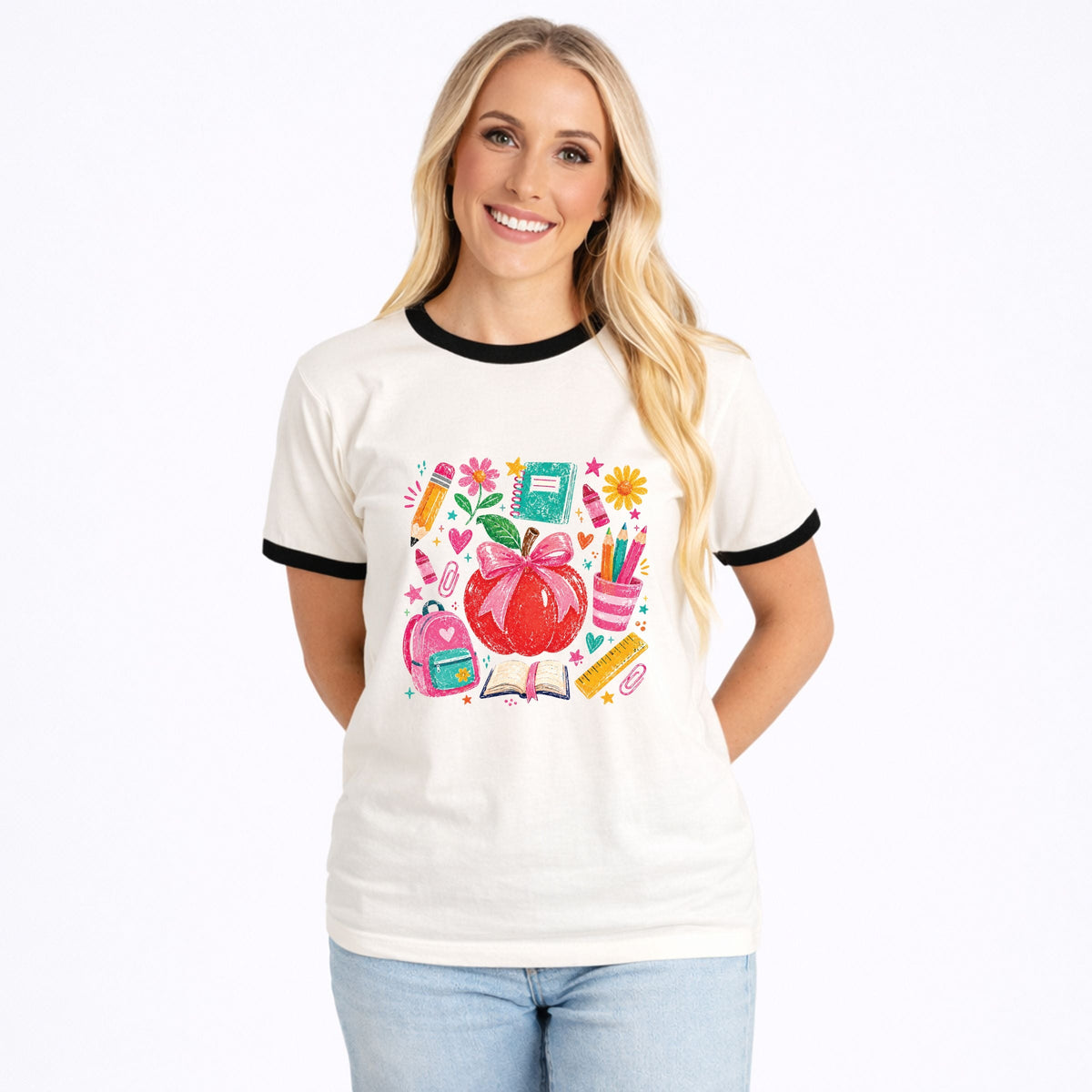 Back to School Apple and Supplies - Women's Ringer Graphic T-Shirt