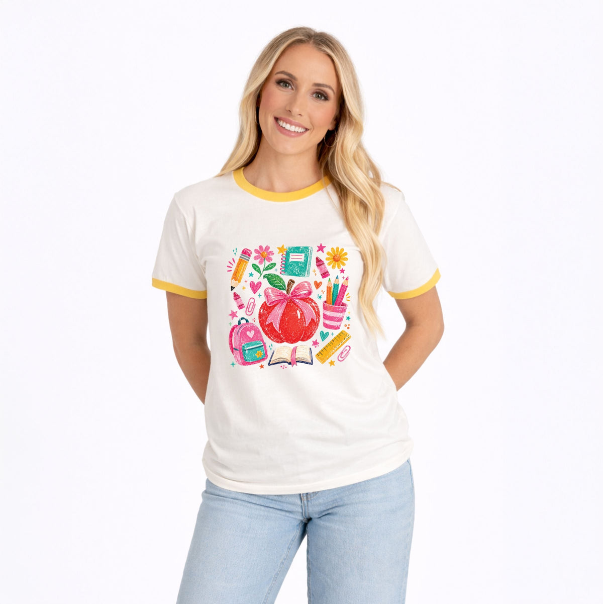 Back to School Apple and Supplies - Women's Ringer Graphic T-Shirt