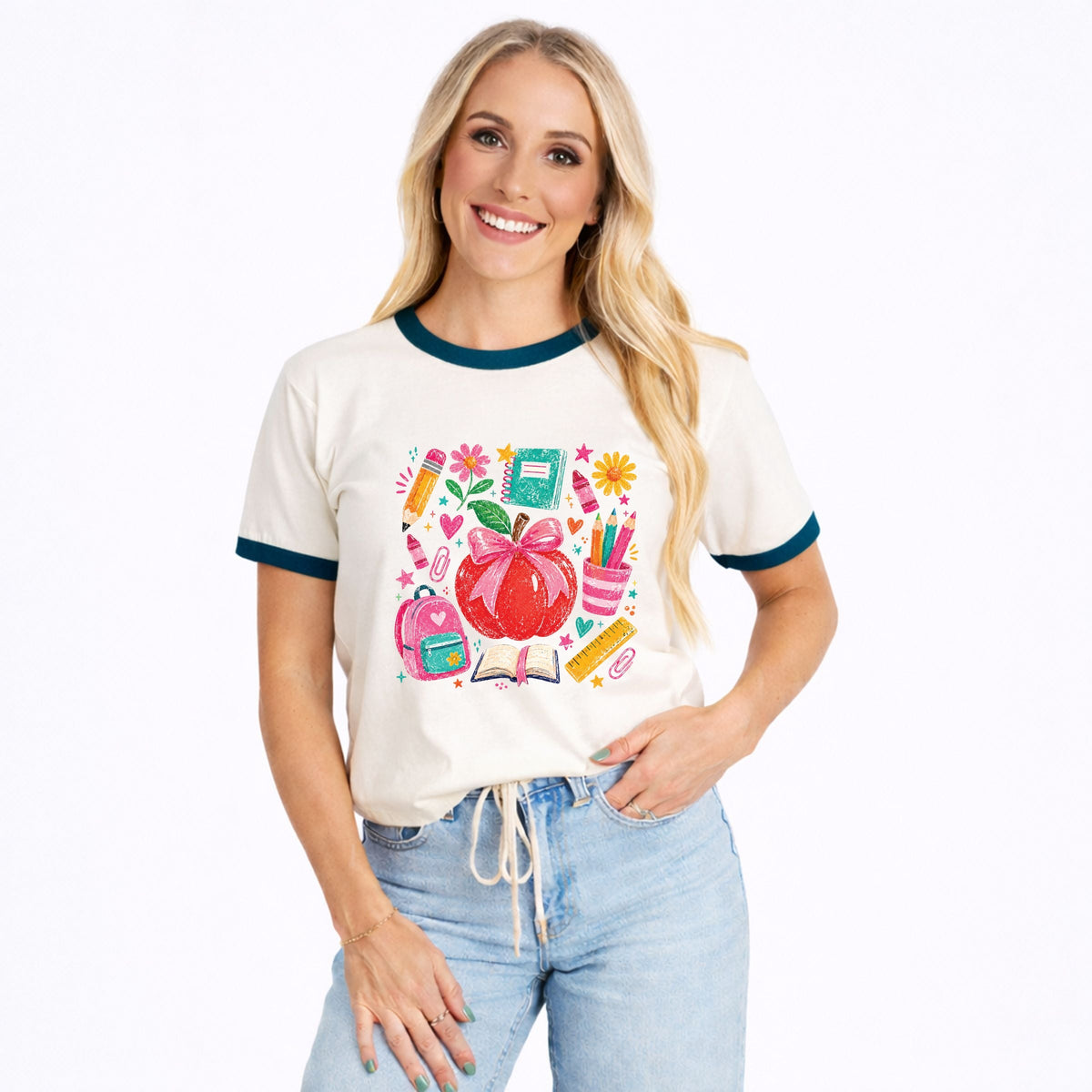 Back to School Apple and Supplies - Women's Ringer Graphic T-Shirt