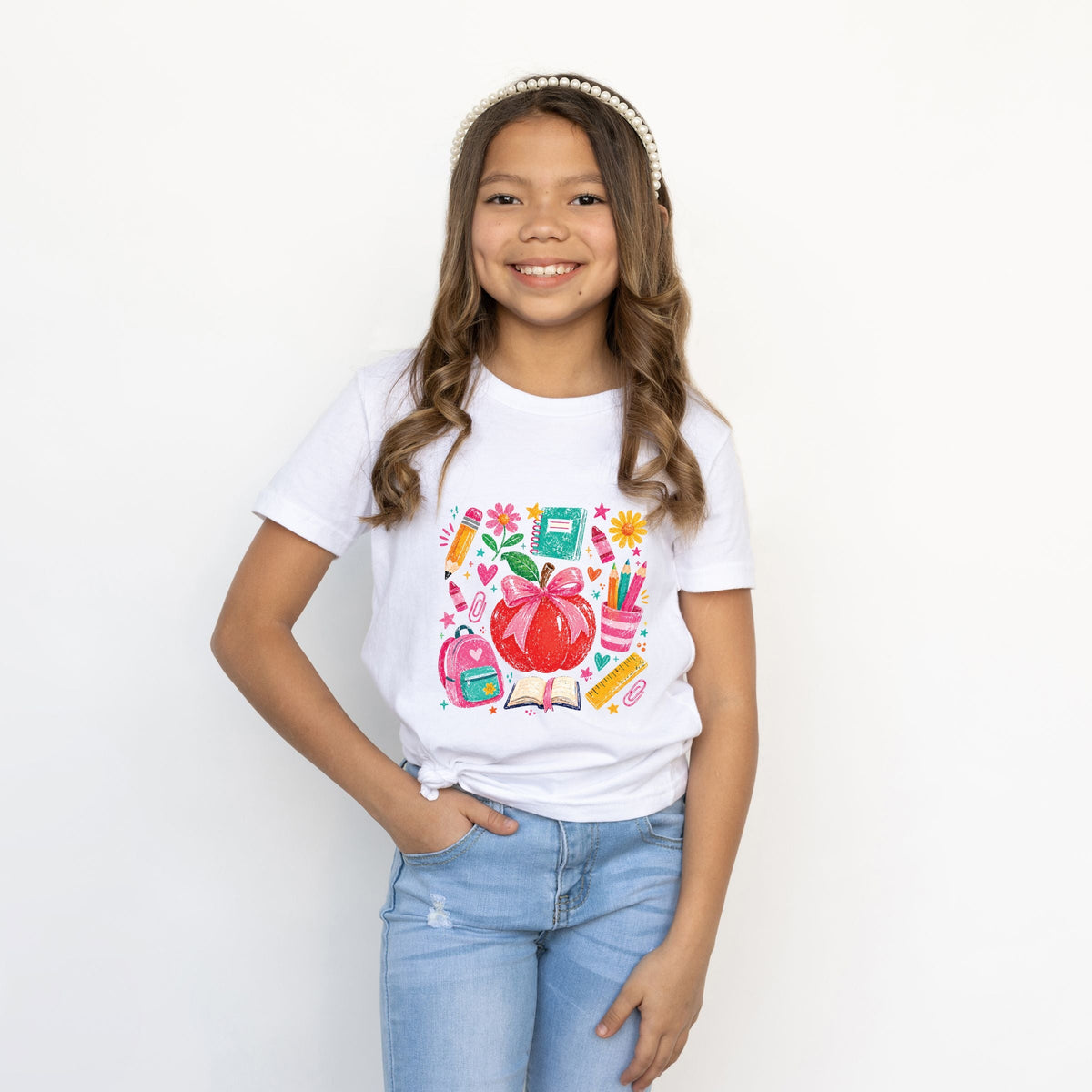 Back to School Apple and Supplies - Youth Short Sleeve Graphic T-Shirt