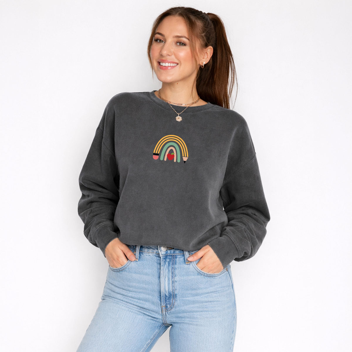 Teacher Pencil Rainbow - Women's Lightweight Garment Dyed Sweatshirt
