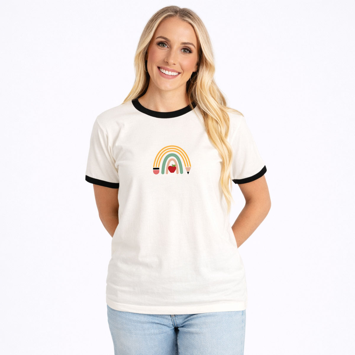 Teacher Pencil Rainbow - Women's Ringer Graphic T-Shirt