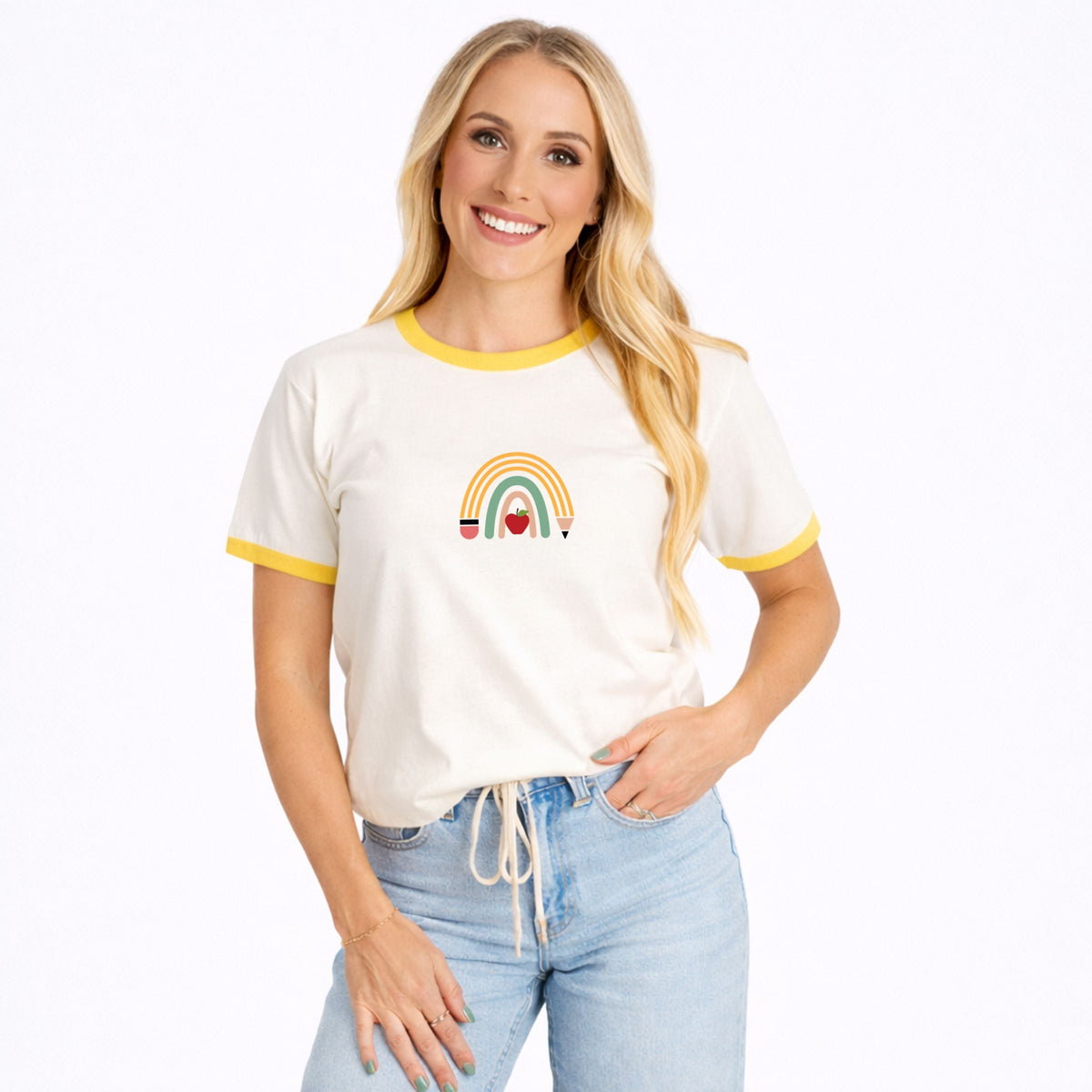 Teacher Pencil Rainbow - Women's Ringer Graphic T-Shirt