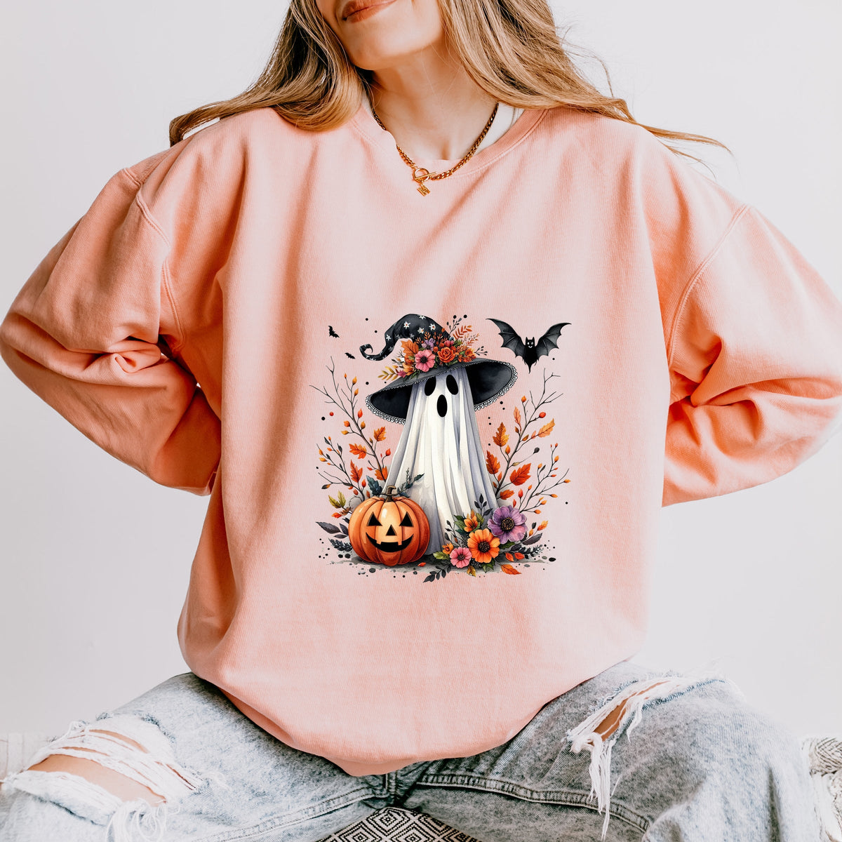 Spooky Ghost Black Hat - Women's Lightweight Garment Dyed Sweatshirt