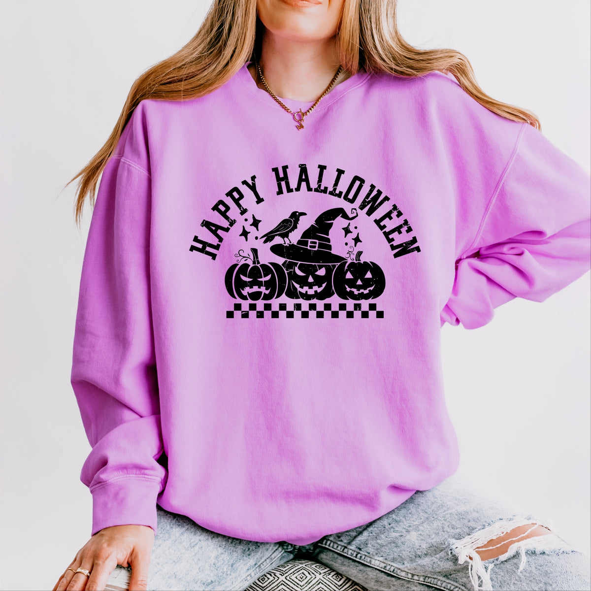 Happy Halloween Arch Distressed - Women's Lightweight Garment Dyed Sweatshirt