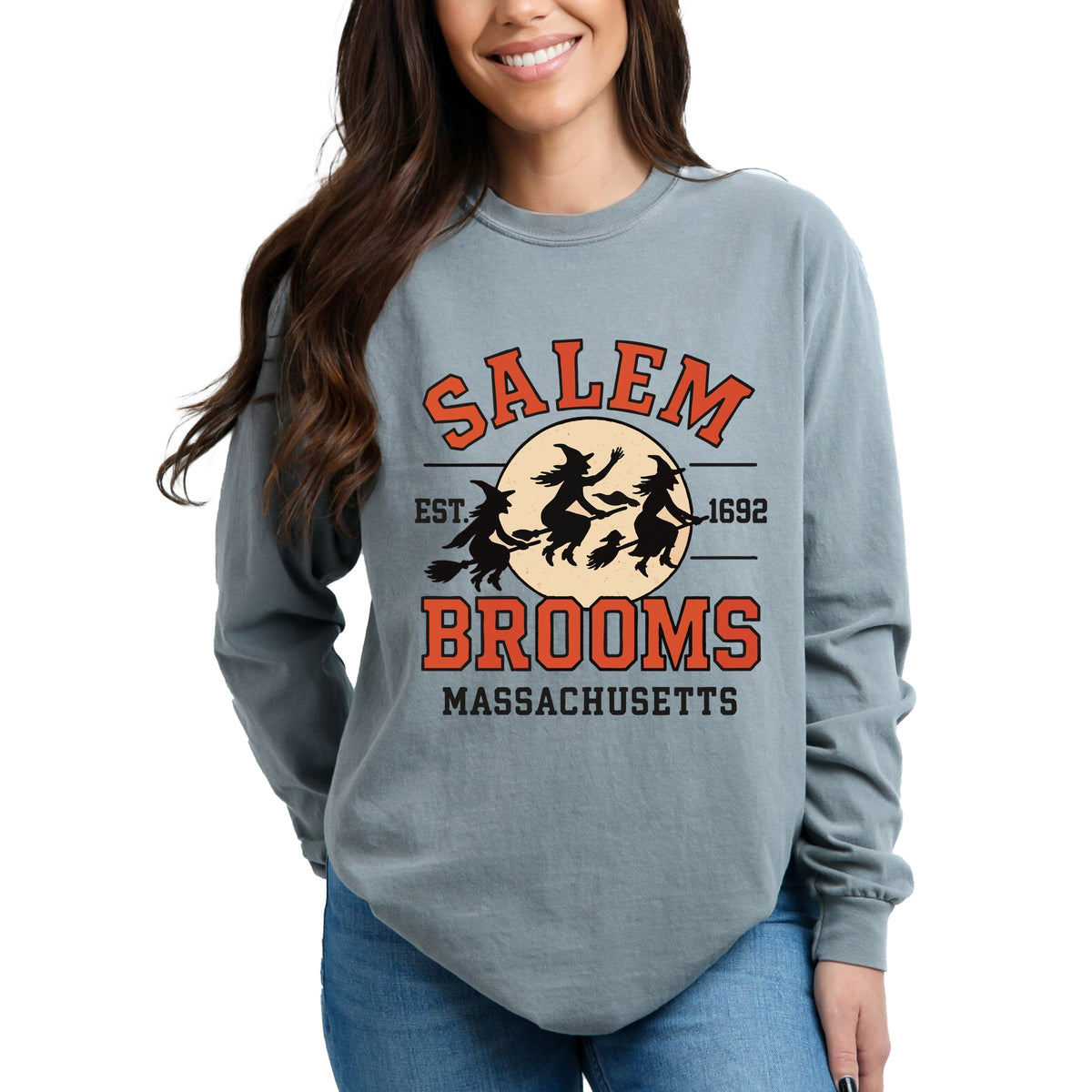 Salem Brooms Massachusetts - Women's Garment Dyed Long Sleeve Graphic T-Shirt