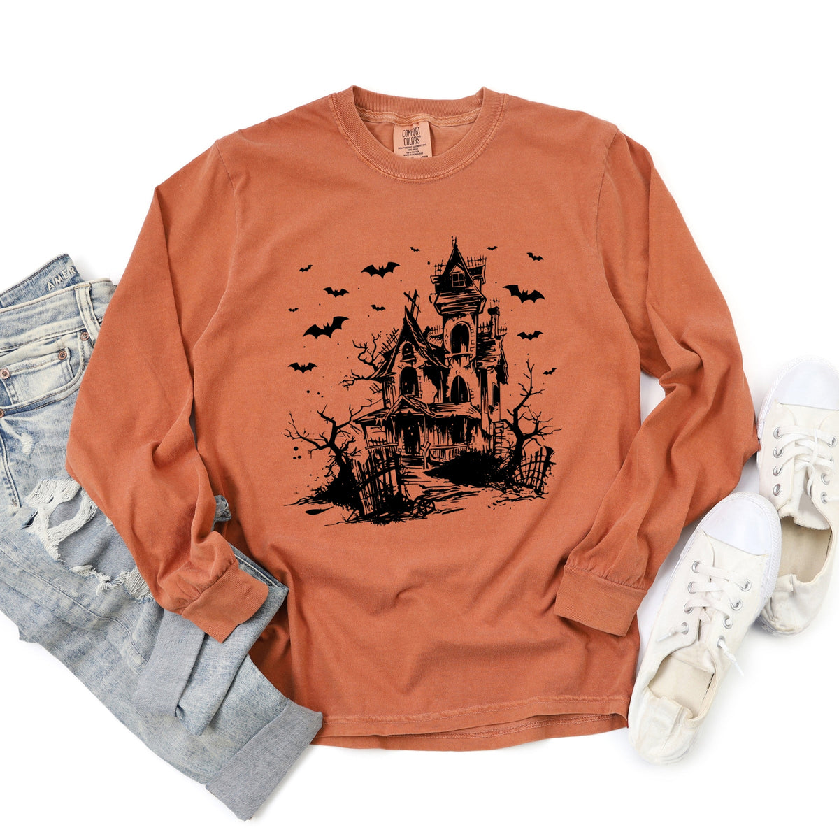 Haunted House And Bats - Women's Garment Dyed Long Sleeve Graphic T-Shirt