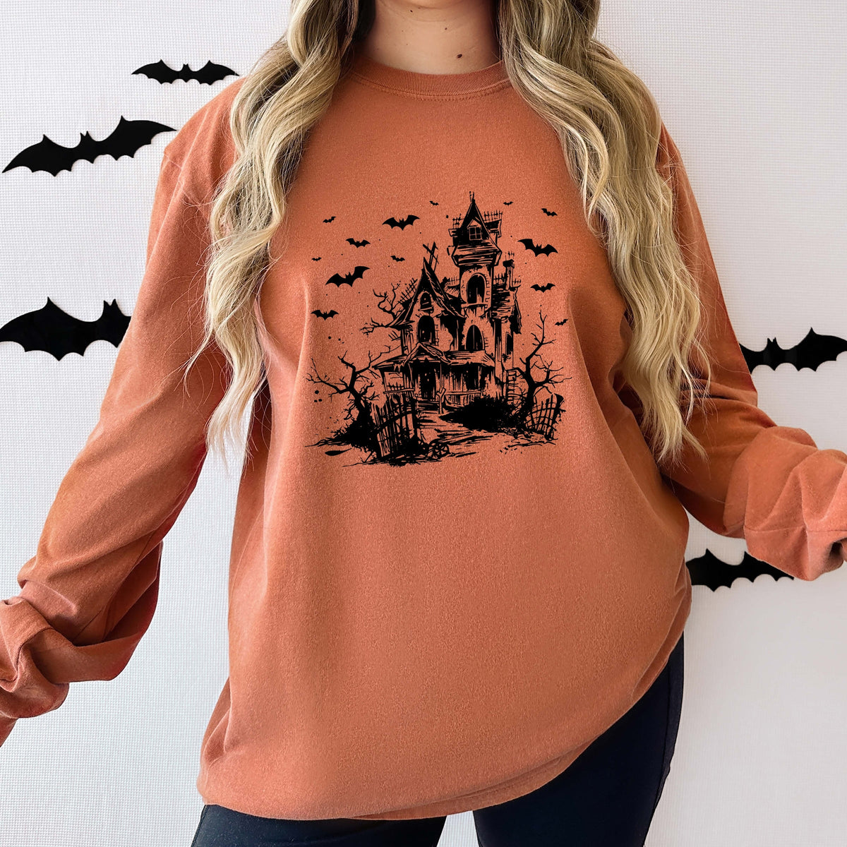 Haunted House And Bats - Women's Garment Dyed Long Sleeve Graphic T-Shirt