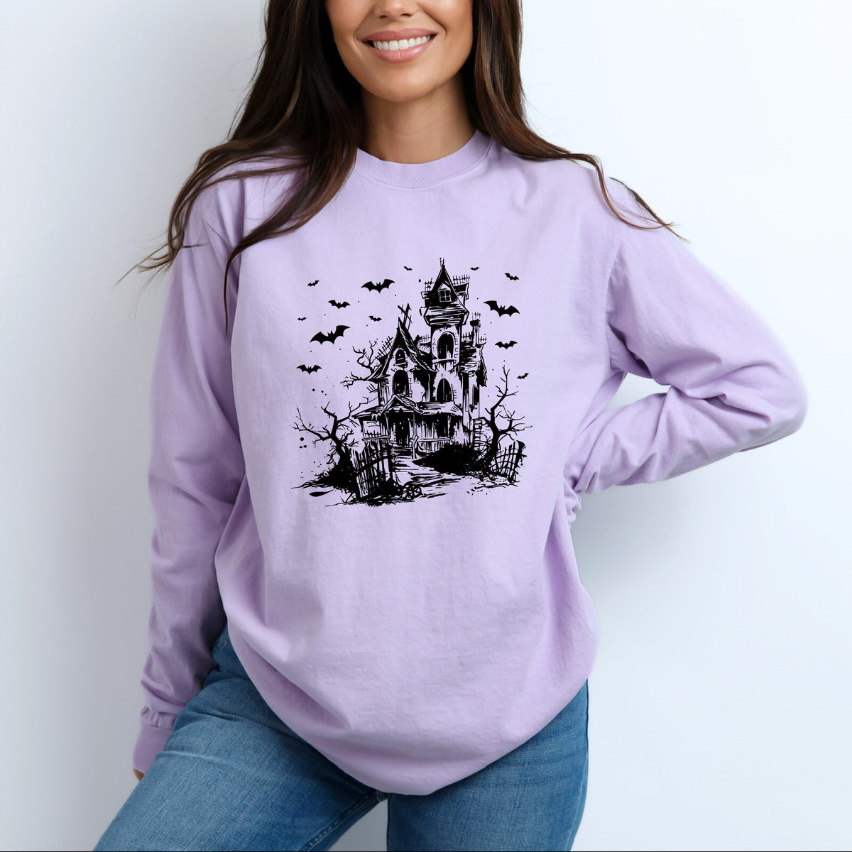 Haunted House And Bats - Women's Garment Dyed Long Sleeve Graphic T-Shirt